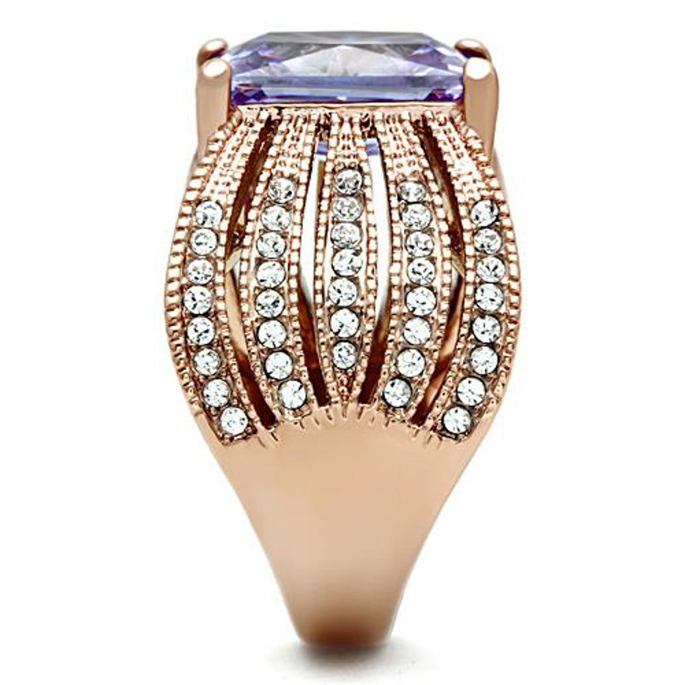 ARTK1490 Stainless Steel Womens Light Amethyst Emerald Cut CZ Rose Gold Plated Ring 5-10